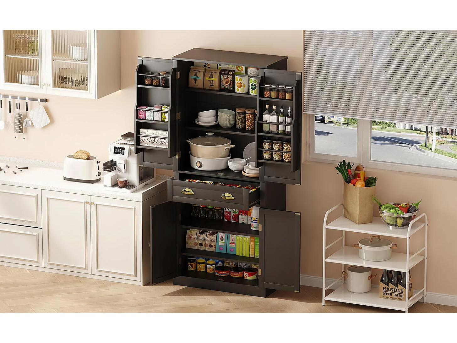 Armoire de rangement noire, 4 portes et 1 tiroir, 6 compartiments, 4 étagères réglables, idéale cuisine, salle à manger, salon