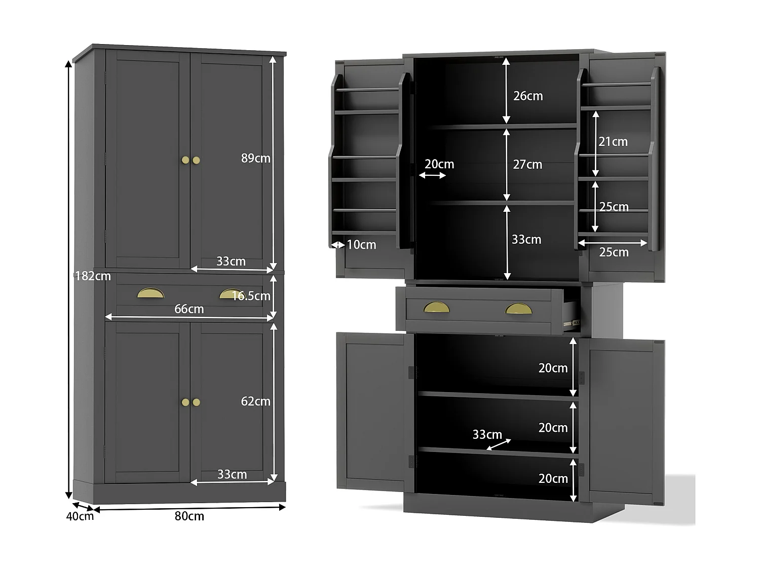 Armoire de rangement noire, 4 portes et 1 tiroir, 6 compartiments, 4 étagères réglables, idéale cuisine, salle à manger, salon