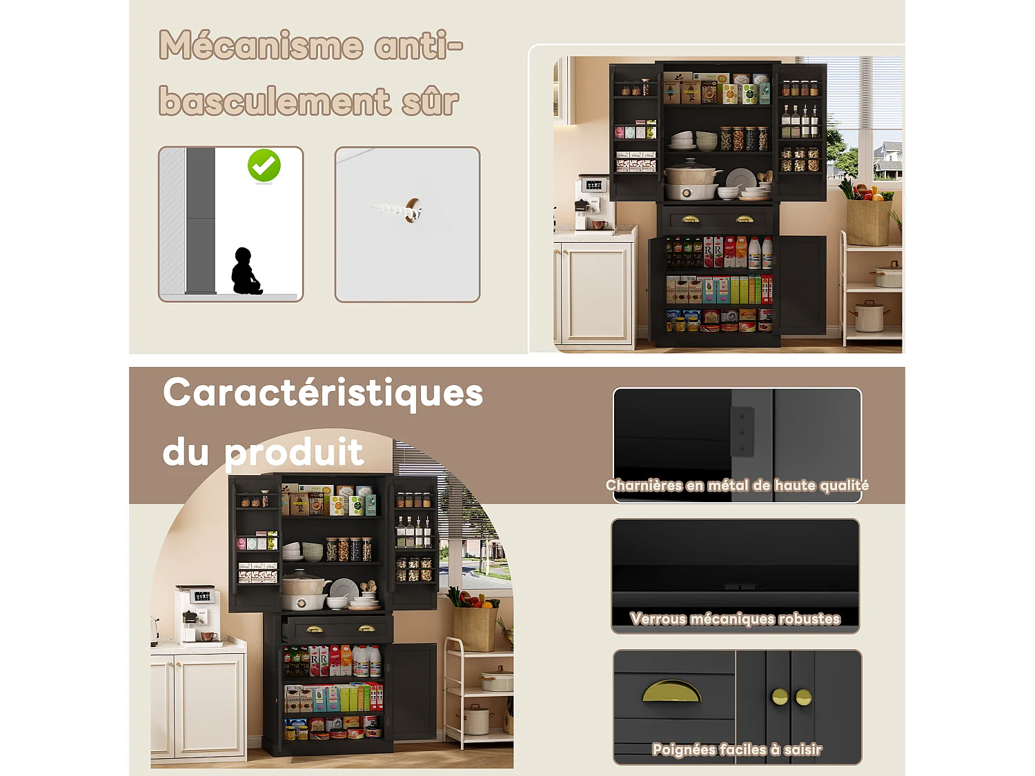 Armoire de rangement noire, 4 portes et 1 tiroir, 6 compartiments, 4 étagères réglables, idéale cuisine, salle à manger, salon