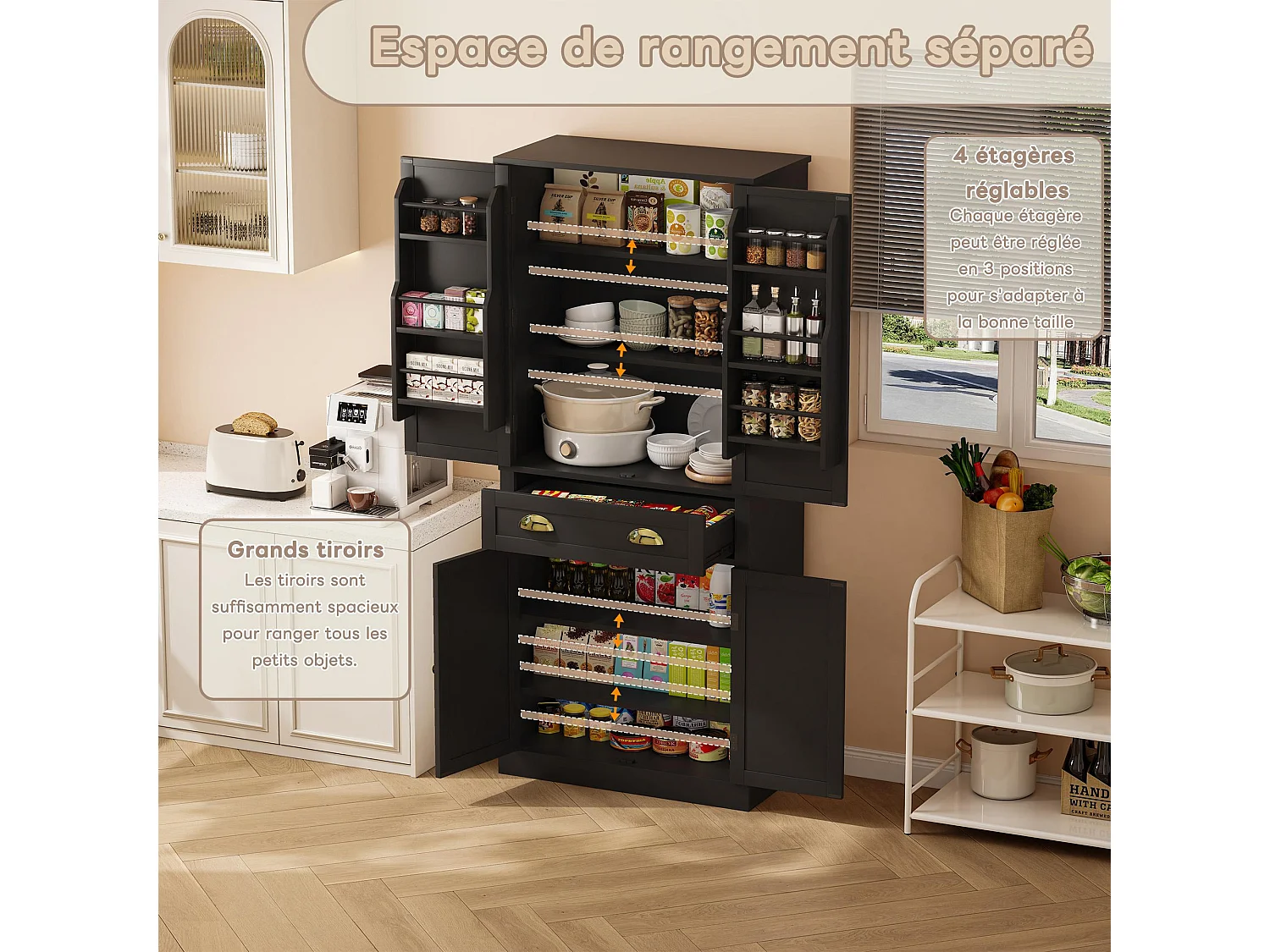 Armoire de rangement noire, 4 portes et 1 tiroir, 6 compartiments, 4 étagères réglables, idéale cuisine, salle à manger, salon