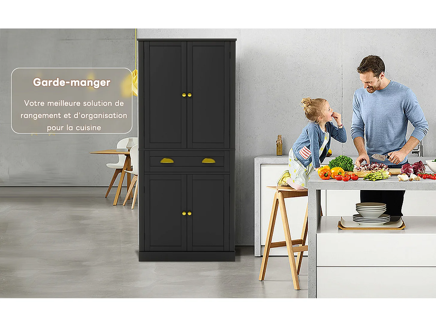 Armoire de rangement noire, 4 portes et 1 tiroir, 6 compartiments, 4 étagères réglables, idéale cuisine, salle à manger, salon