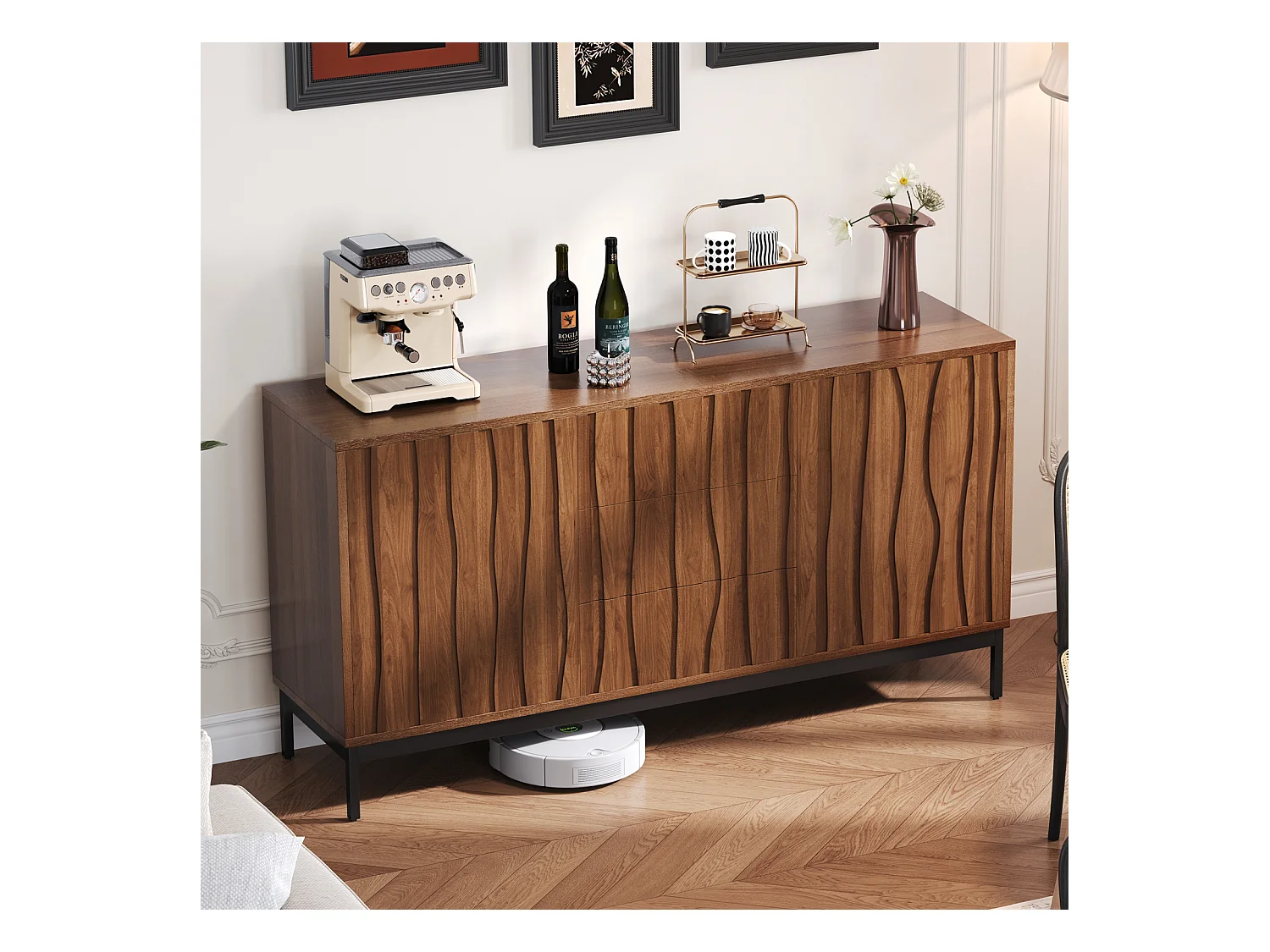 Buffet en chêne foncé 150 cm, 3 tiroirs, grand espace de rangement, style Mid Century Modern, idéal cuisine, salon, hall et couloir