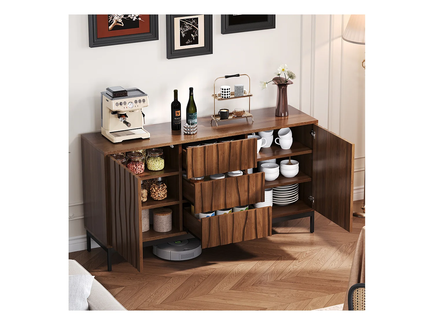 Buffet en chêne foncé 150 cm, 3 tiroirs, grand espace de rangement, style Mid Century Modern, idéal cuisine, salon, hall et couloir