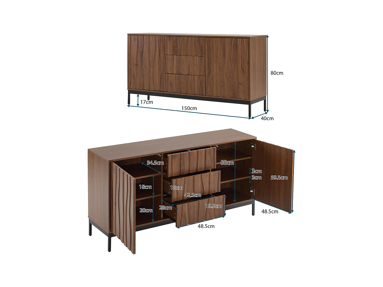 Buffet en chêne foncé 150 cm, 3 tiroirs, grand espace de rangement, style Mid Century Modern, idéal cuisine, salon, hall et couloir