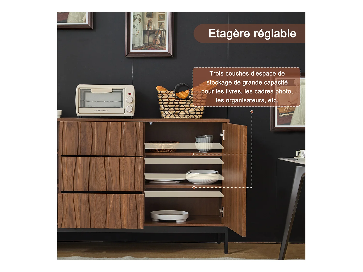 Buffet en chêne foncé 150 cm, 3 tiroirs, grand espace de rangement, style Mid Century Modern, idéal cuisine, salon, hall et couloir