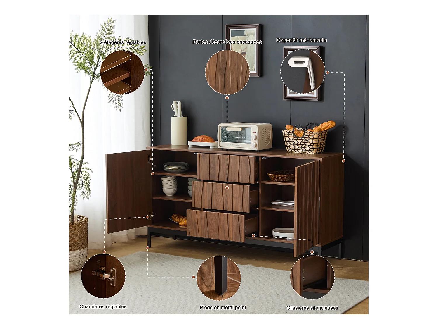 Buffet en chêne foncé 150 cm, 3 tiroirs, grand espace de rangement, style Mid Century Modern, idéal cuisine, salon, hall et couloir