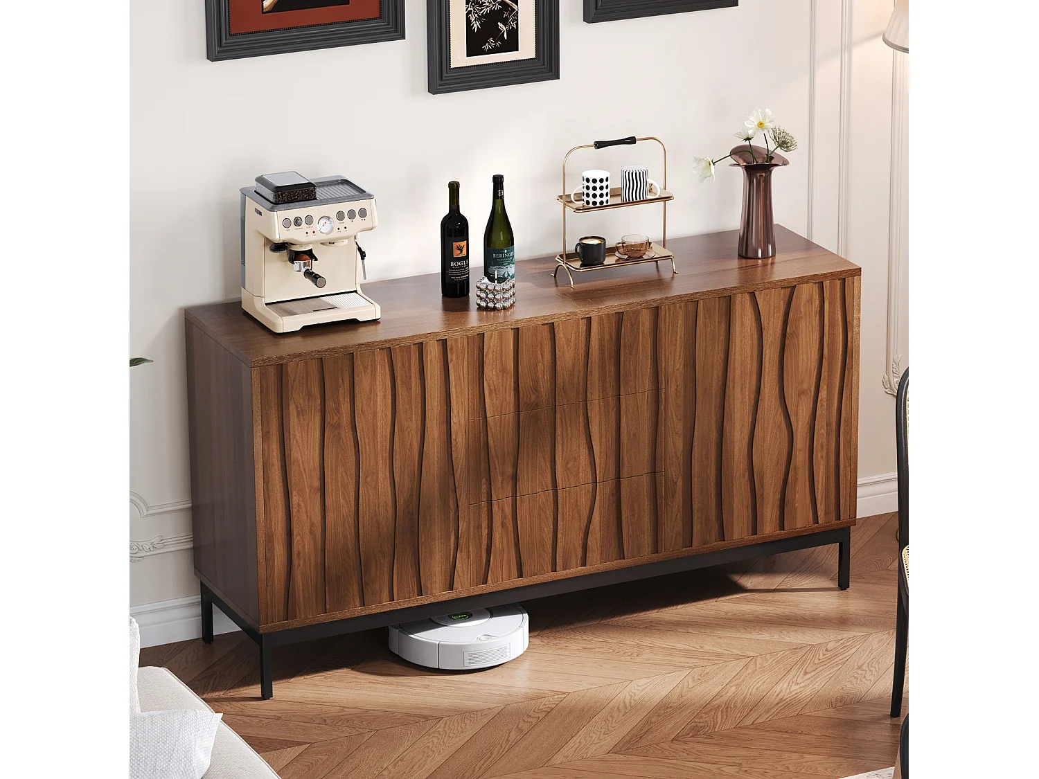 Aparador roble oscuro 150 cm, 3 cajones, gran espacio de almacenaje, estilo Mid Century Modern, ideal para cocina, salón, recibidor y pasillo.