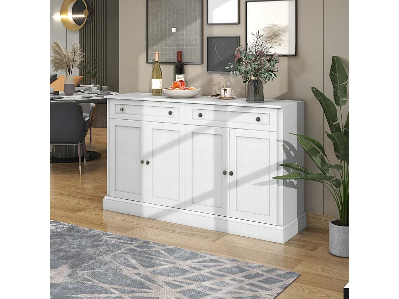 Aparador grande 150 x 40 x 86 cm – 4 puertas, tablero de partículas, 2 cajones – Aparador moderno para comedor y salón – Blanco antiguo