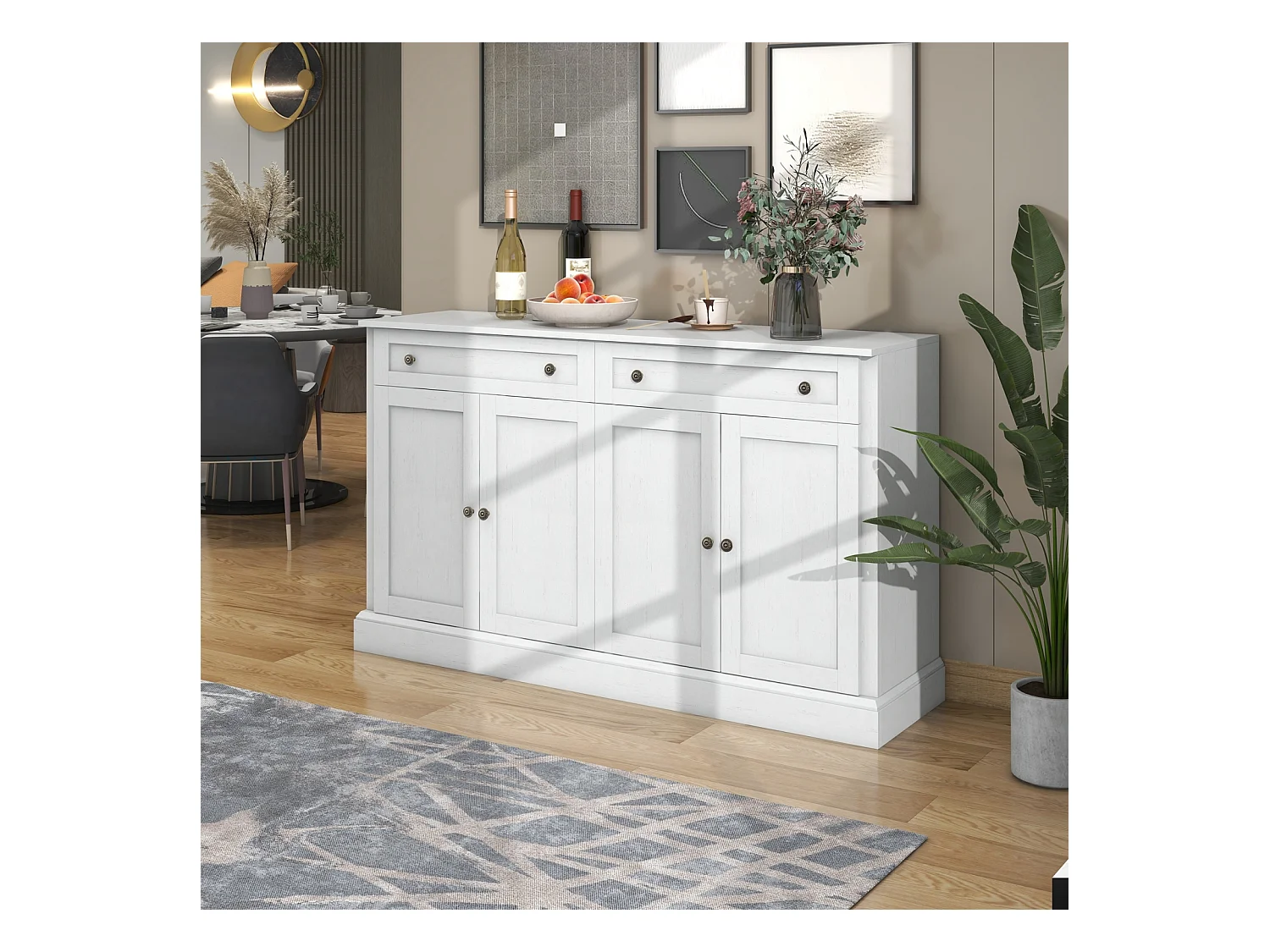 Grand buffet 150 x 40 x 86 cm – 4 portes, panneaux de particules，2 tiroirs – Buffet moderne pour salle à manger et salon – Blanc antique