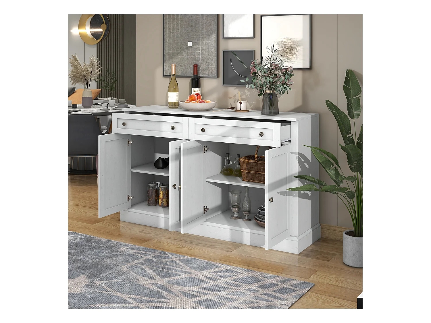 Grand buffet 150 x 40 x 86 cm – 4 portes, panneaux de particules，2 tiroirs – Buffet moderne pour salle à manger et salon – Blanc antique