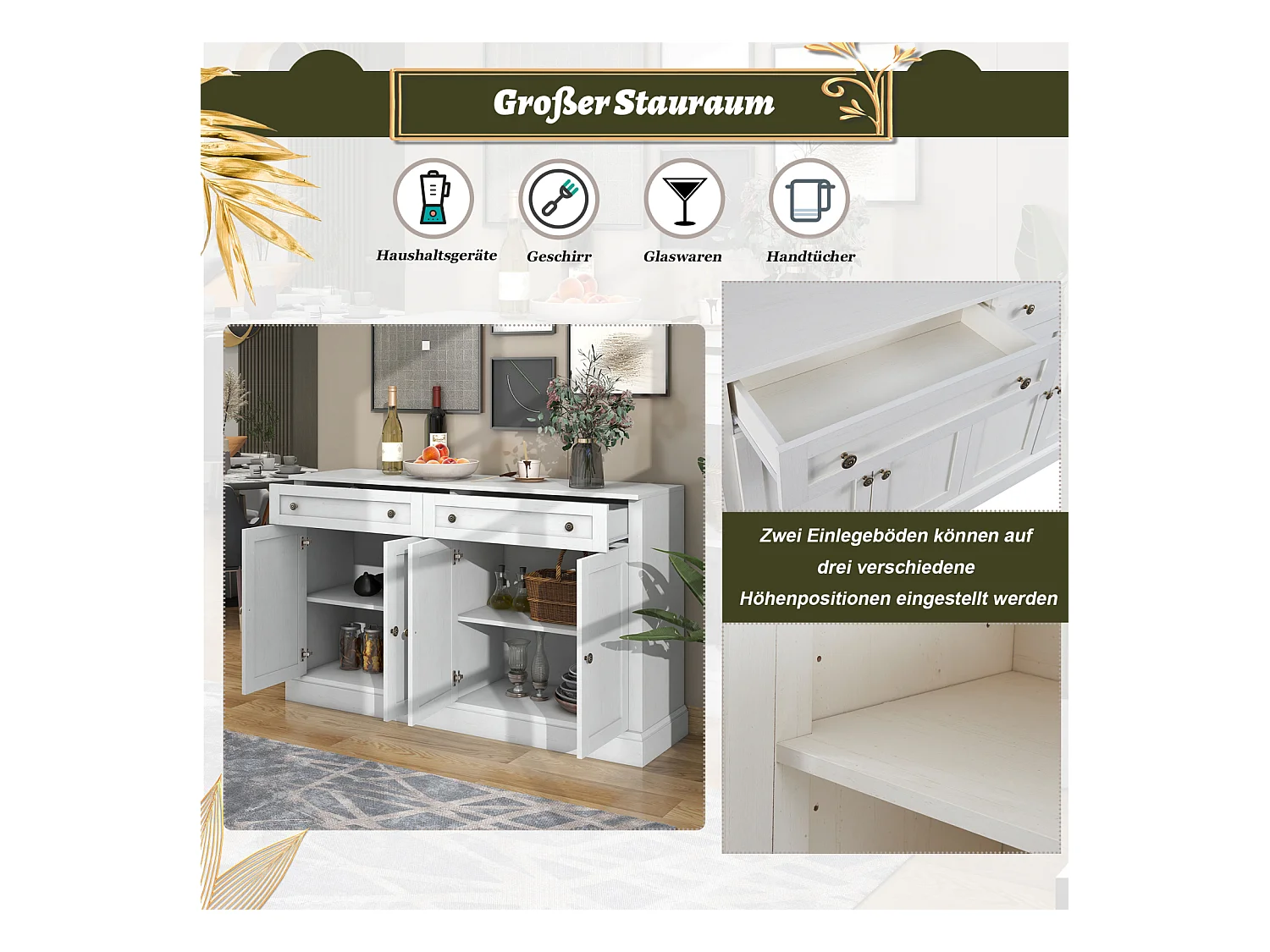 Grand buffet 150 x 40 x 86 cm – 4 portes, panneaux de particules，2 tiroirs – Buffet moderne pour salle à manger et salon – Blanc antique