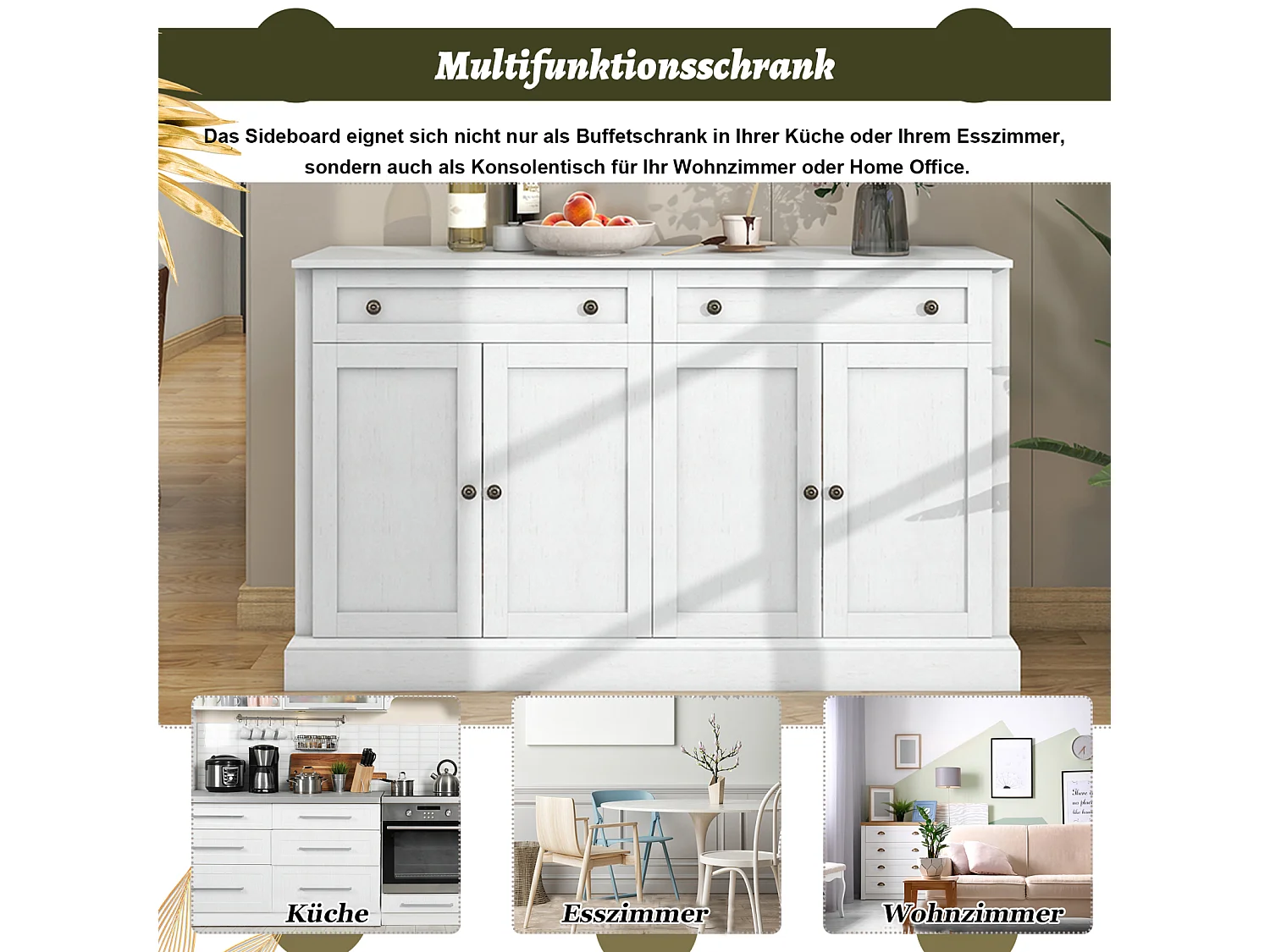 Groot dressoir 150 x 40 x 86 cm – 4 deuren, spaanplaat, 2 laden – Modern dressoir voor eetkamer en woonkamer – Antiek wit