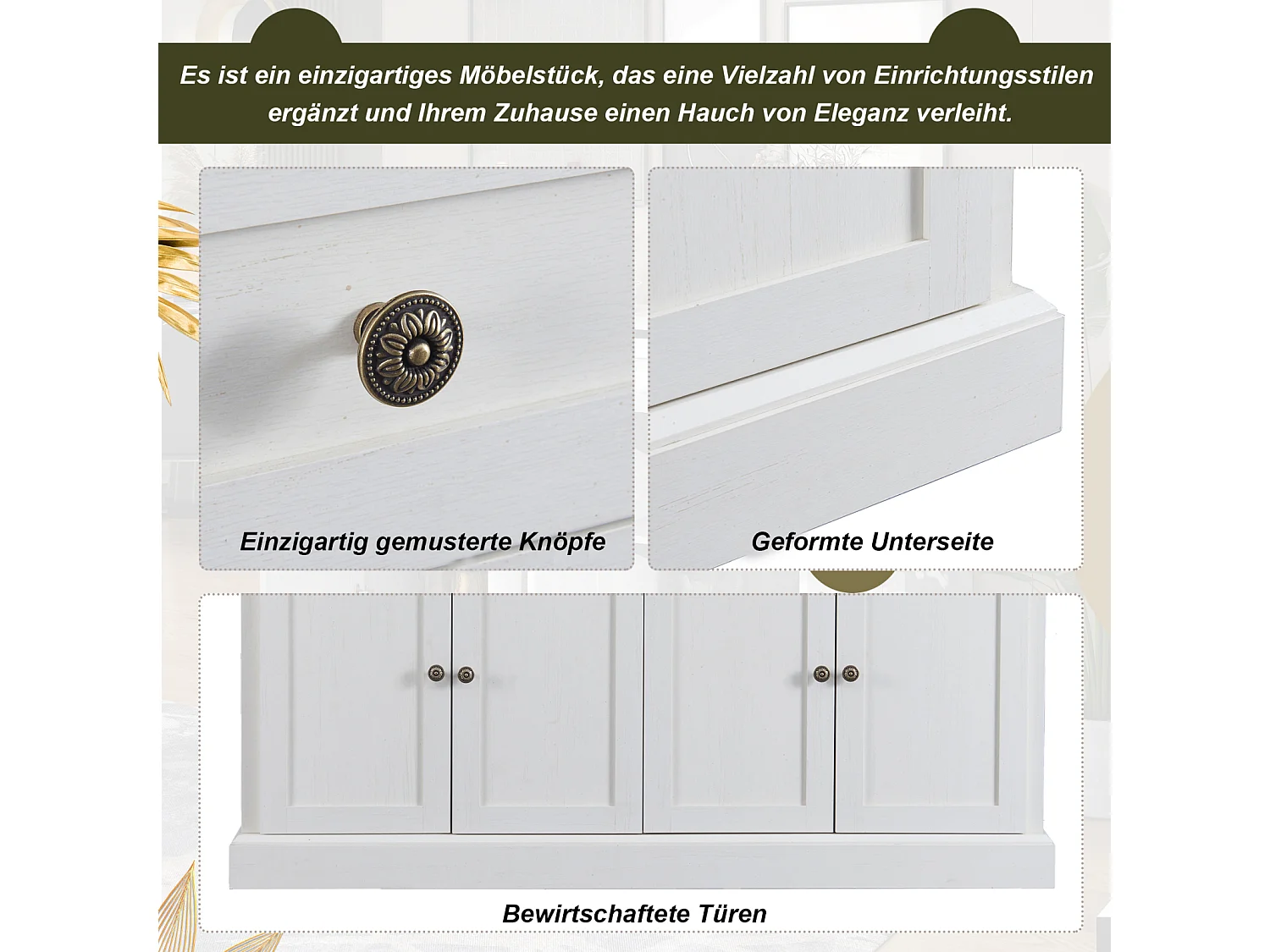 Groot dressoir 150 x 40 x 86 cm – 4 deuren, spaanplaat, 2 laden – Modern dressoir voor eetkamer en woonkamer – Antiek wit