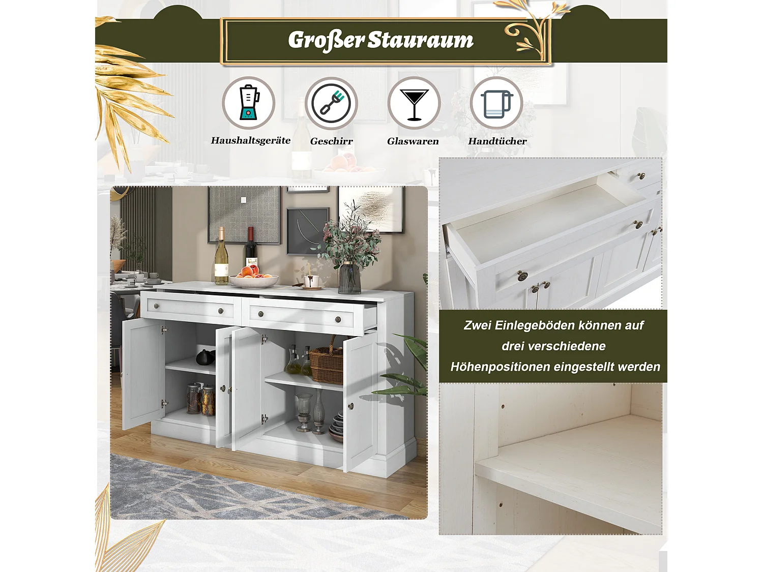 Groot dressoir 150 x 40 x 86 cm – 4 deuren, spaanplaat, 2 laden – Modern dressoir voor eetkamer en woonkamer – Antiek wit