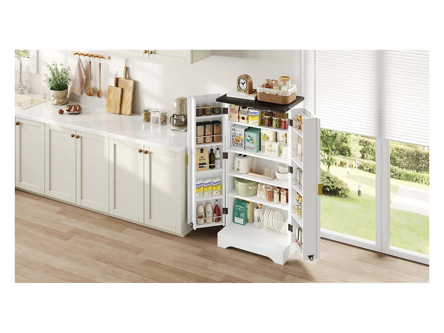 Buffet de cuisine blanc 120 x 60,5 x 40 cm – Éclairage LED à capteur, étagères réglables, double porte et étagère à épices