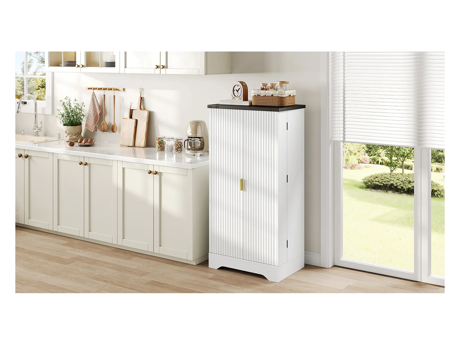 Buffet de cuisine blanc 120 x 60,5 x 40 cm – Éclairage LED à capteur, étagères réglables, double porte et étagère à épices