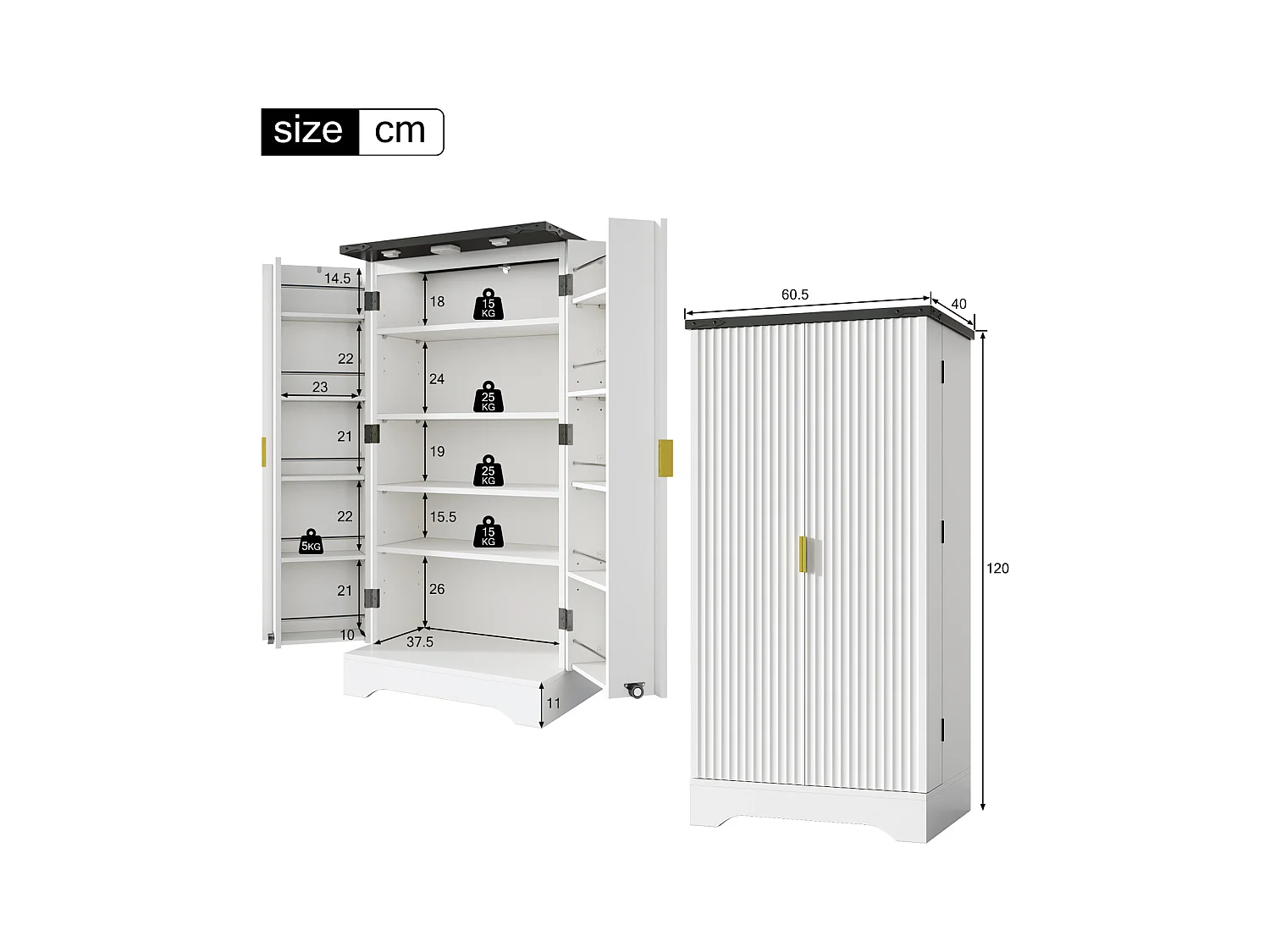 Buffet de cuisine blanc 120 x 60,5 x 40 cm – Éclairage LED à capteur, étagères réglables, double porte et étagère à épices