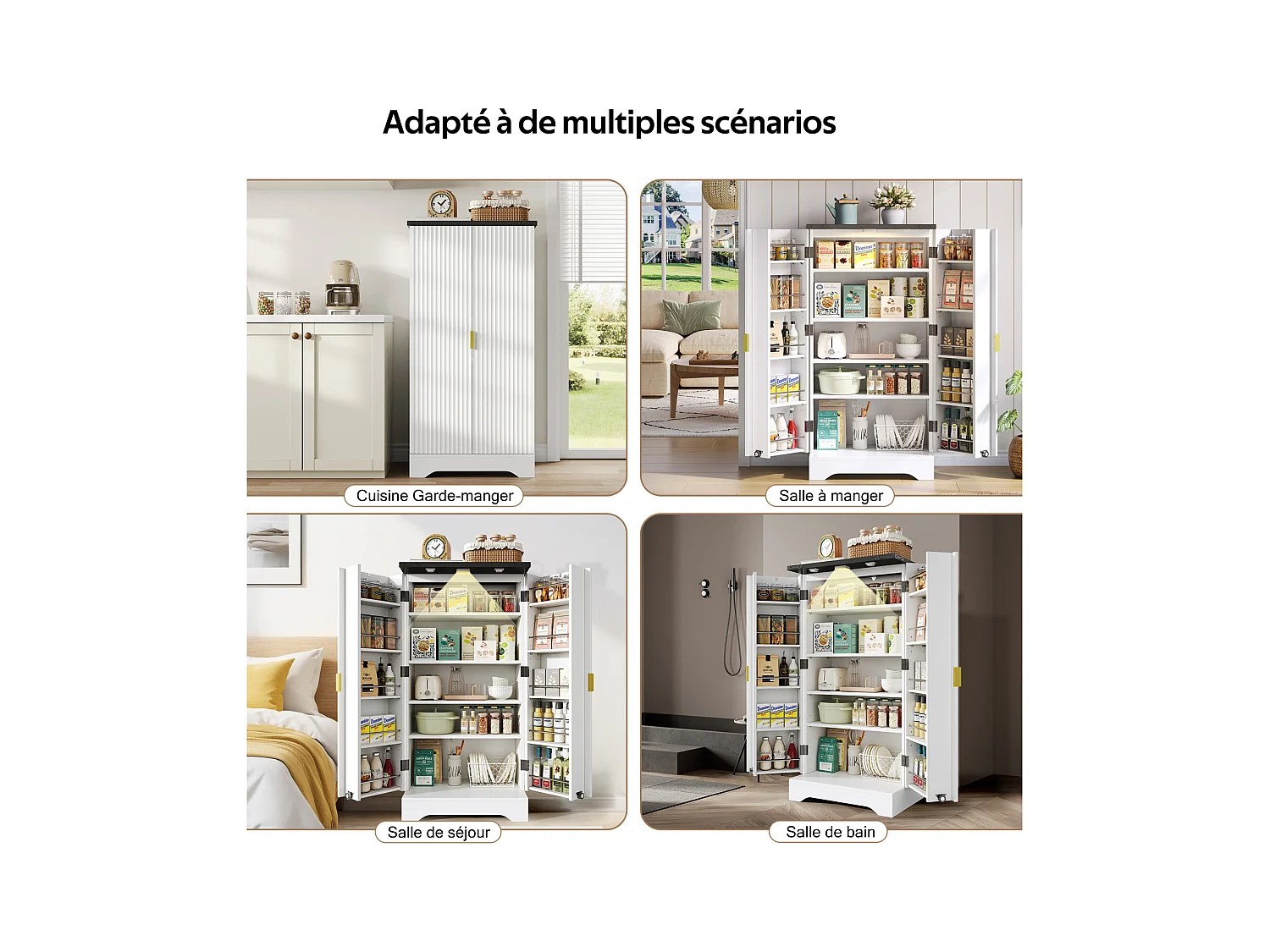 Buffet de cuisine blanc 120 x 60,5 x 40 cm – Éclairage LED à capteur, étagères réglables, double porte et étagère à épices