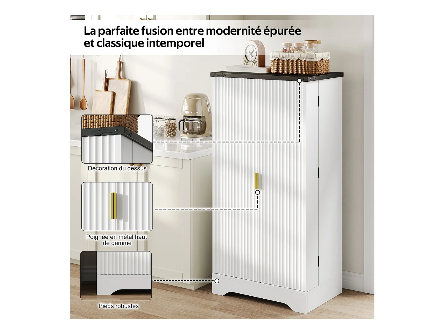 Buffet de cuisine blanc 120 x 60,5 x 40 cm – Éclairage LED à capteur, étagères réglables, double porte et étagère à épices