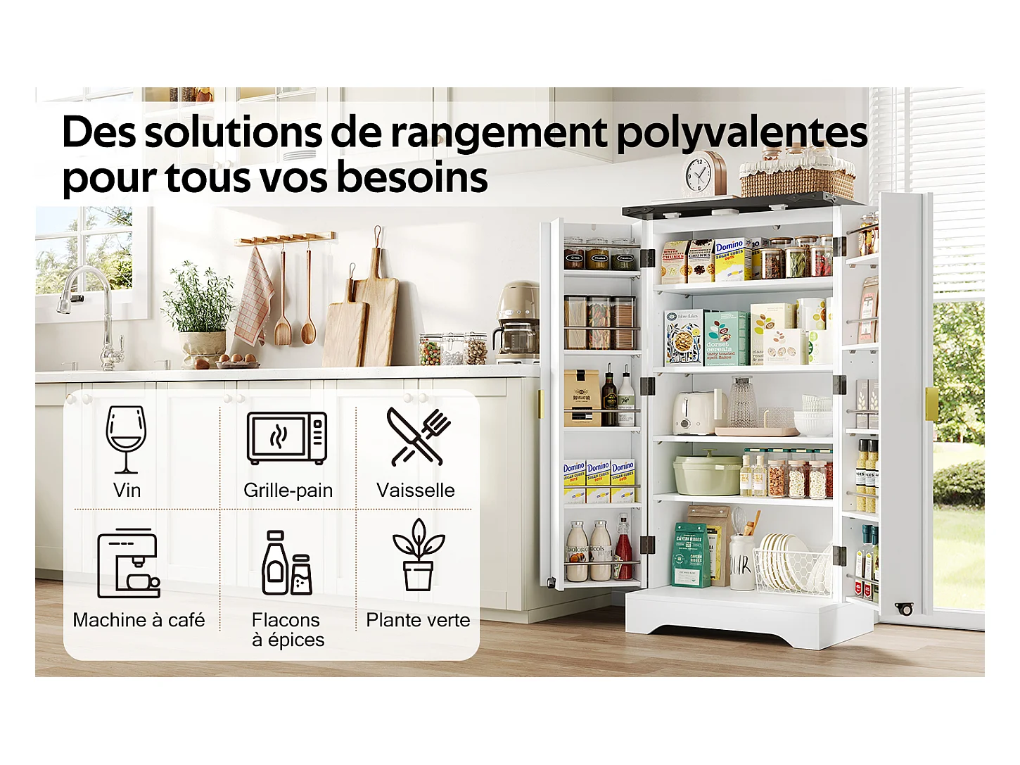 Buffet de cuisine blanc 120 x 60,5 x 40 cm – Éclairage LED à capteur, étagères réglables, double porte et étagère à épices