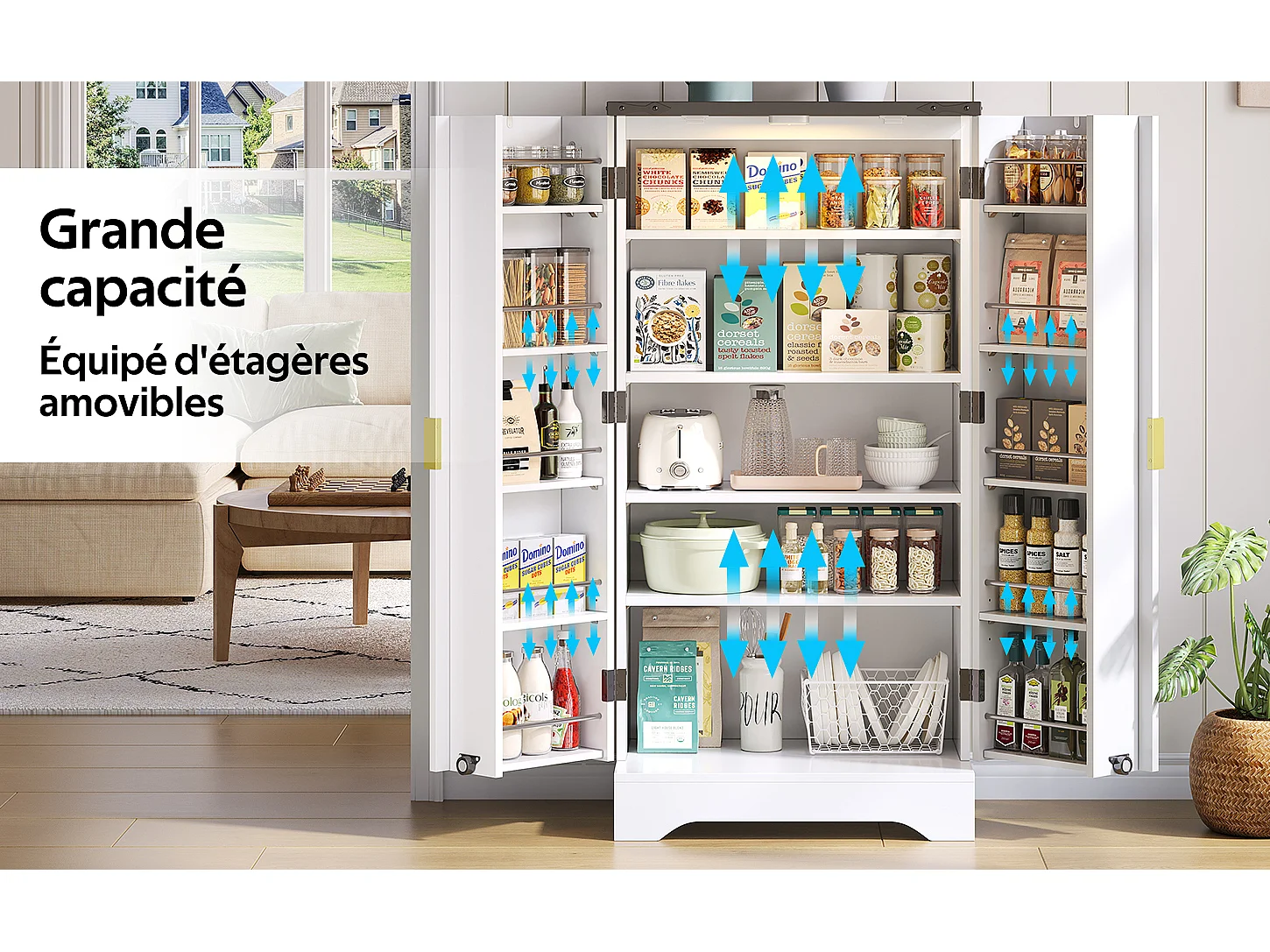 Buffet de cuisine blanc 120 x 60,5 x 40 cm – Éclairage LED à capteur, étagères réglables, double porte et étagère à épices