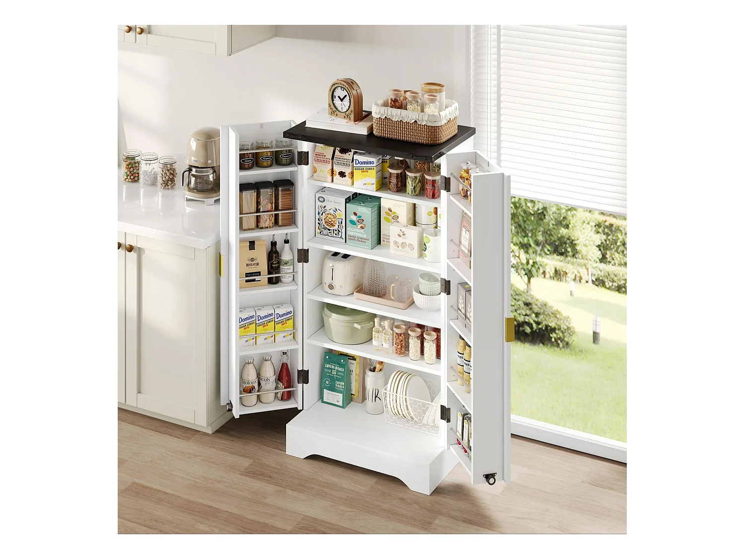 Wit keukenkastje 120 x 60,5 x 40 cm - LED-sensorverlichting, verstelbare planken, dubbele deur en kruidenrek