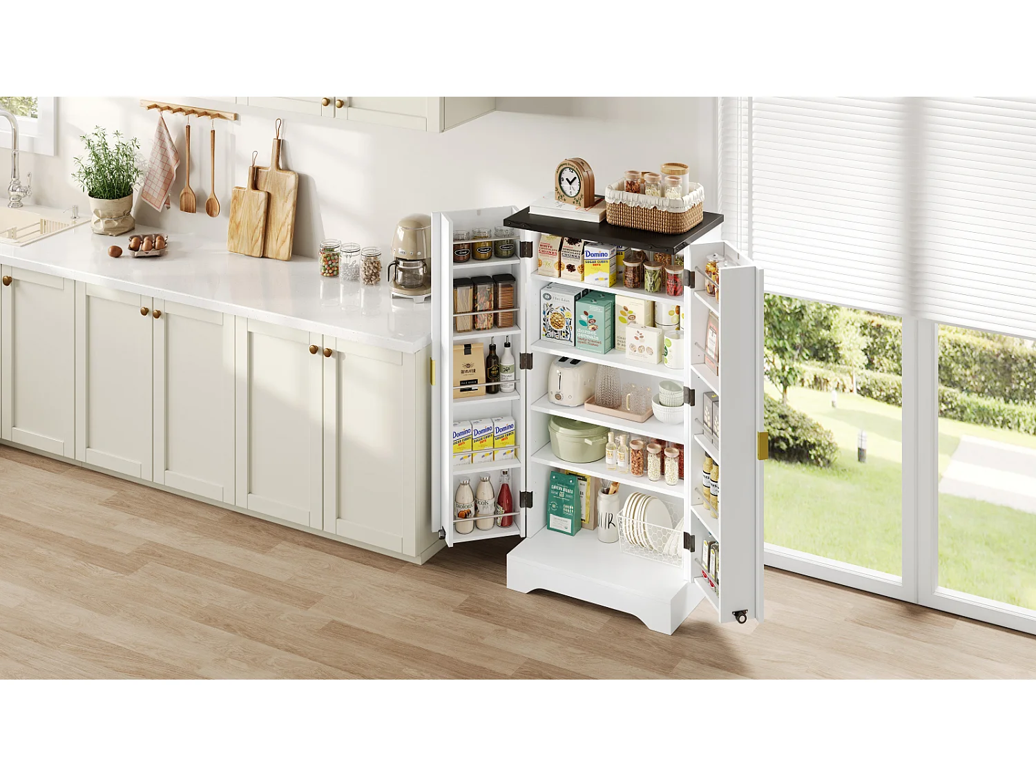 Buffet de cuisine blanc 120 x 60,5 x 40 cm – Éclairage LED à capteur, étagères réglables, double porte et étagère à épices