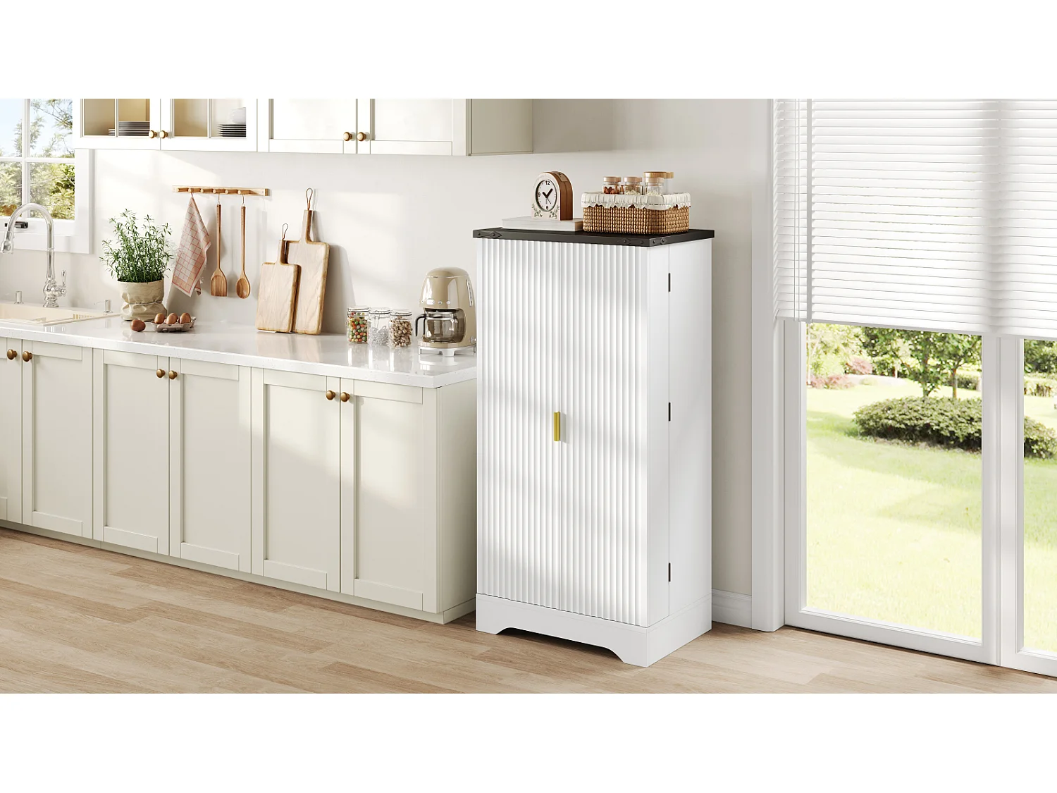 Buffet de cuisine blanc 120 x 60,5 x 40 cm – Éclairage LED à capteur, étagères réglables, double porte et étagère à épices