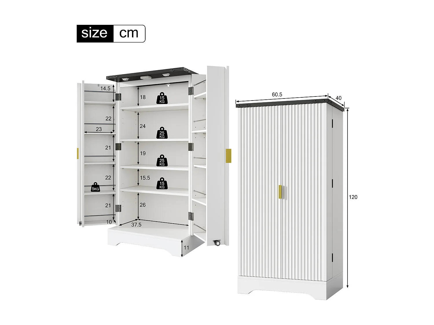 Buffet de cuisine blanc 120 x 60,5 x 40 cm – Éclairage LED à capteur, étagères réglables, double porte et étagère à épices