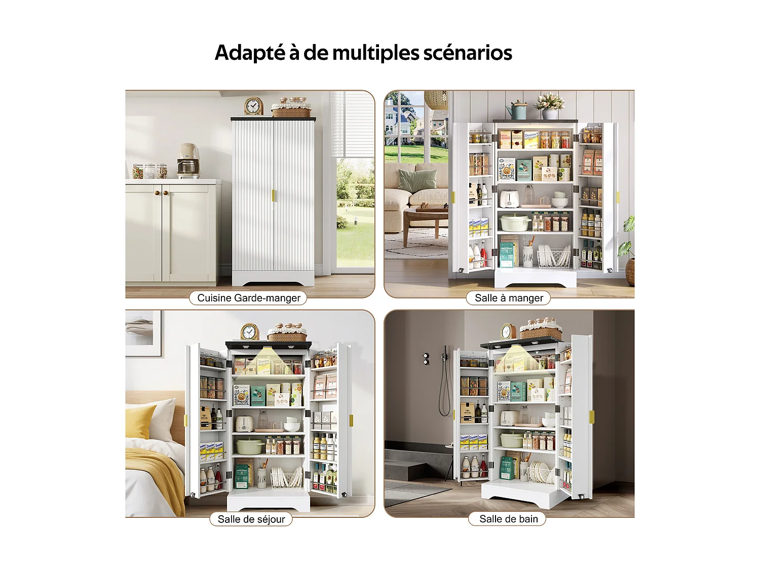 Buffet de cuisine blanc 120 x 60,5 x 40 cm – Éclairage LED à capteur, étagères réglables, double porte et étagère à épices