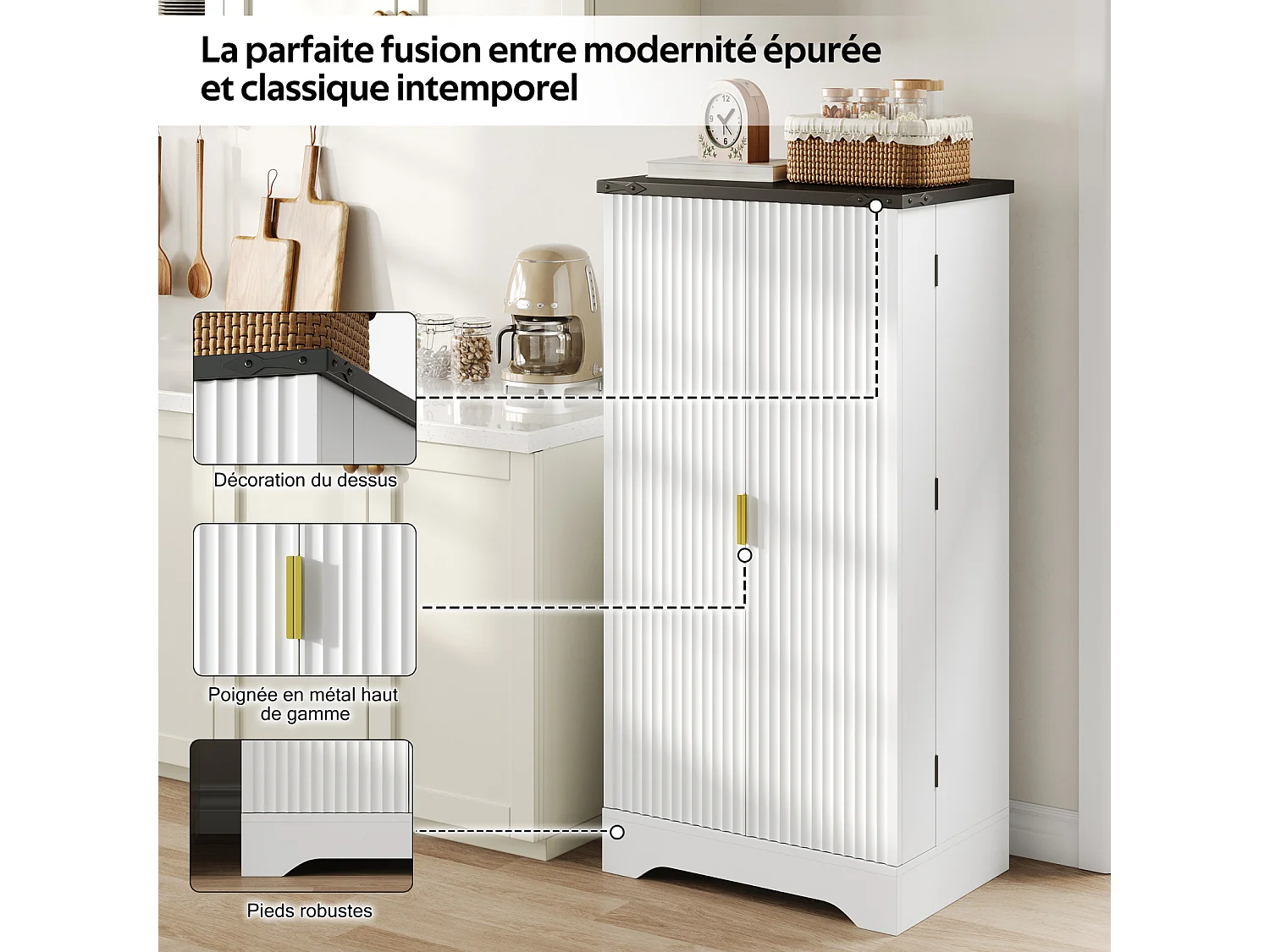 Buffet de cuisine blanc 120 x 60,5 x 40 cm – Éclairage LED à capteur, étagères réglables, double porte et étagère à épices