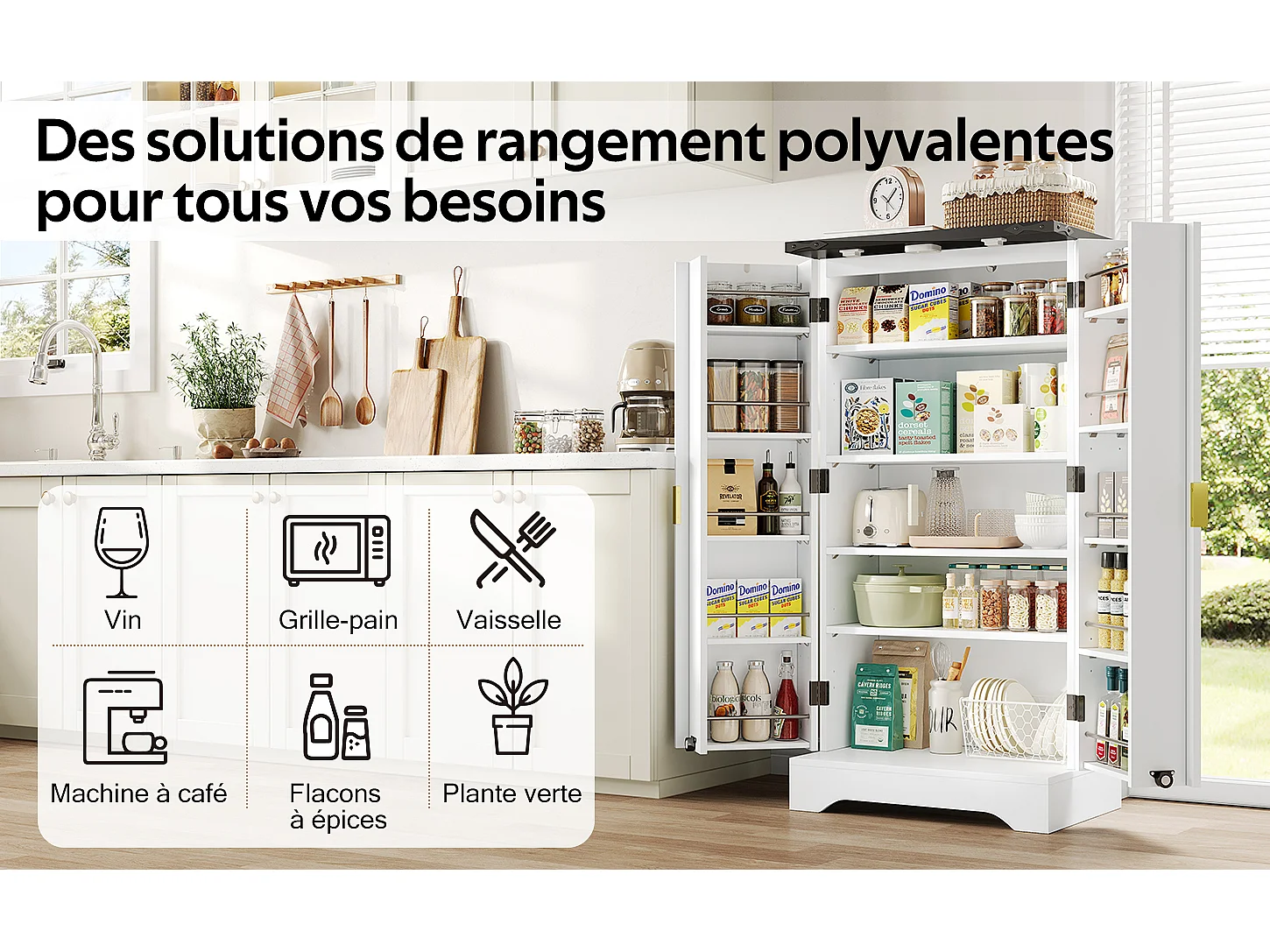 Buffet de cuisine blanc 120 x 60,5 x 40 cm – Éclairage LED à capteur, étagères réglables, double porte et étagère à épices