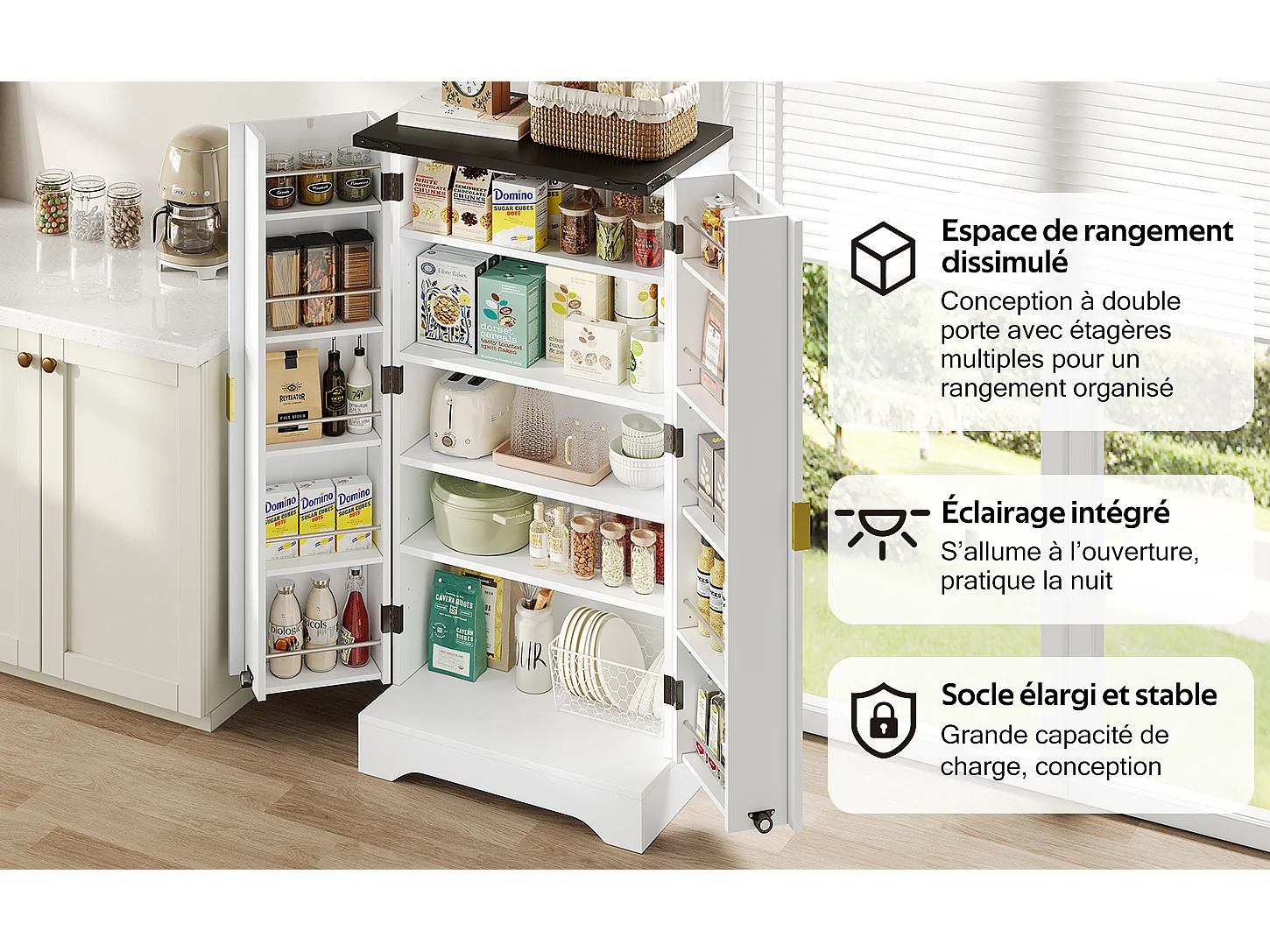 Buffet de cuisine blanc 120 x 60,5 x 40 cm – Éclairage LED à capteur, étagères réglables, double porte et étagère à épices