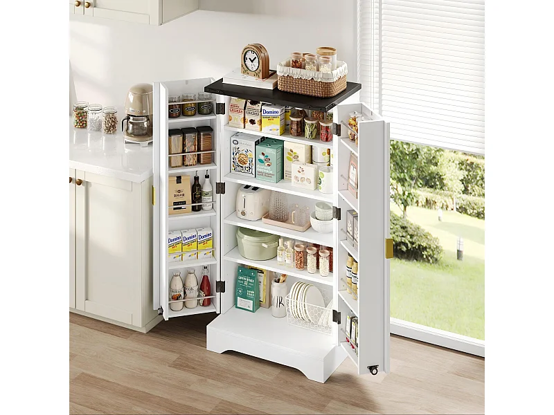 Aparador de cocina blanco de 120 x 60,5 x 40 cm - Iluminación LED con sensor, estantes ajustables, puerta doble y especiero