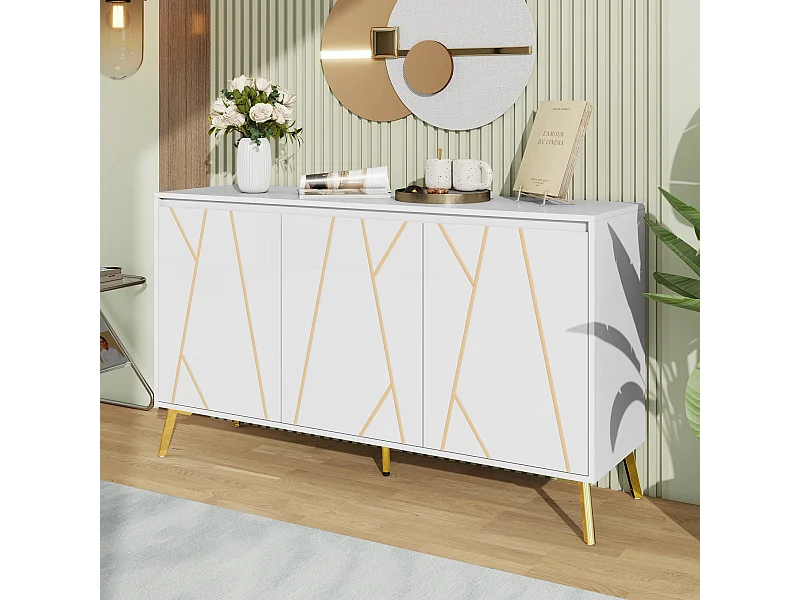 Buffet moderne 3 portes sans poignées avec ligne unique – Meuble élégant pour salle à manger, salon et cuisine – Blanc
