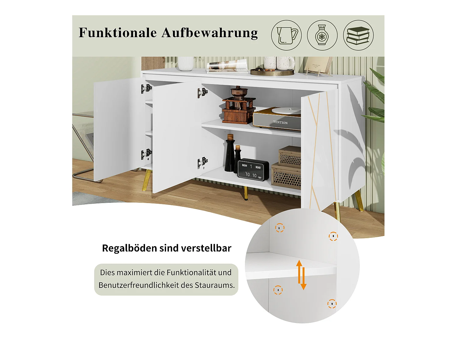 Buffet moderne 3 portes sans poignées avec ligne unique – Meuble élégant pour salle à manger, salon et cuisine – Blanc