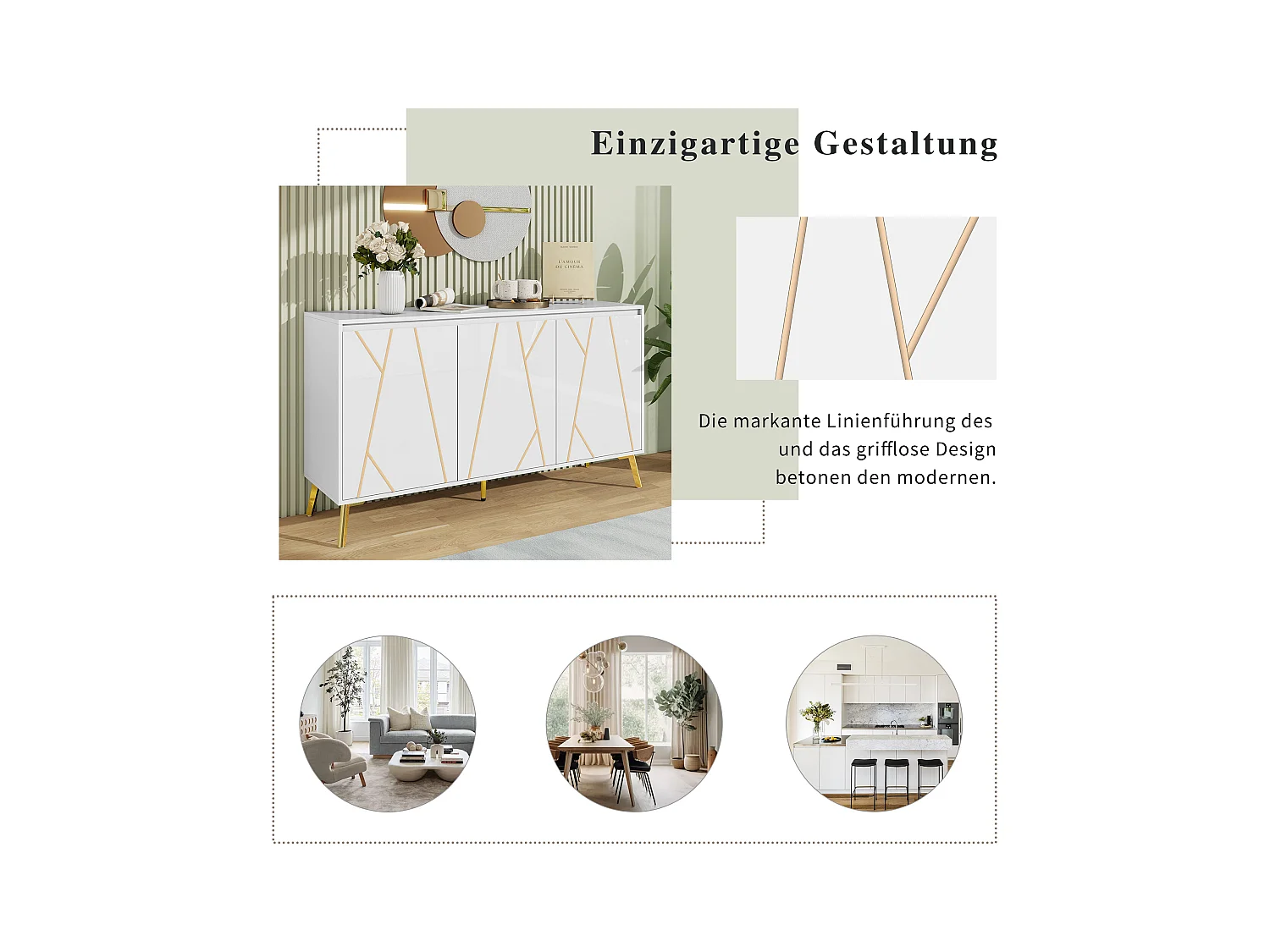 Buffet moderne 3 portes sans poignées avec ligne unique – Meuble élégant pour salle à manger, salon et cuisine – Blanc