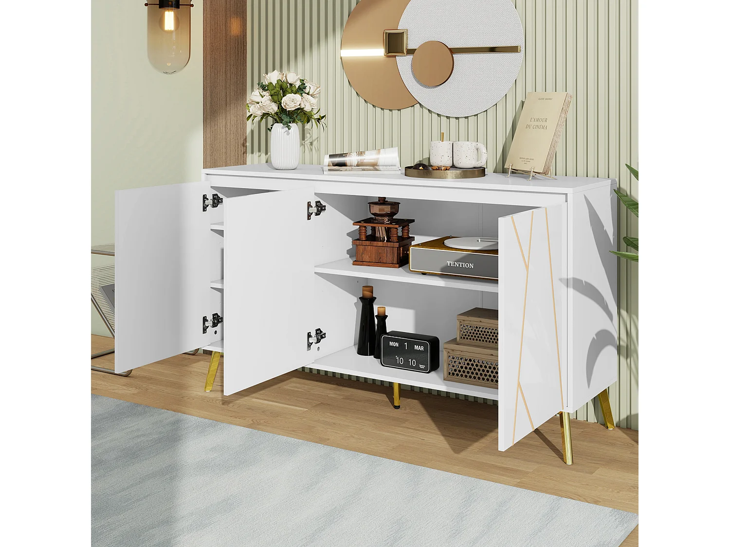 Modern 3-deurs dressoir zonder greep met unieke lijn - Elegant meubel voor eetkamer, woonkamer en keuken - Wit