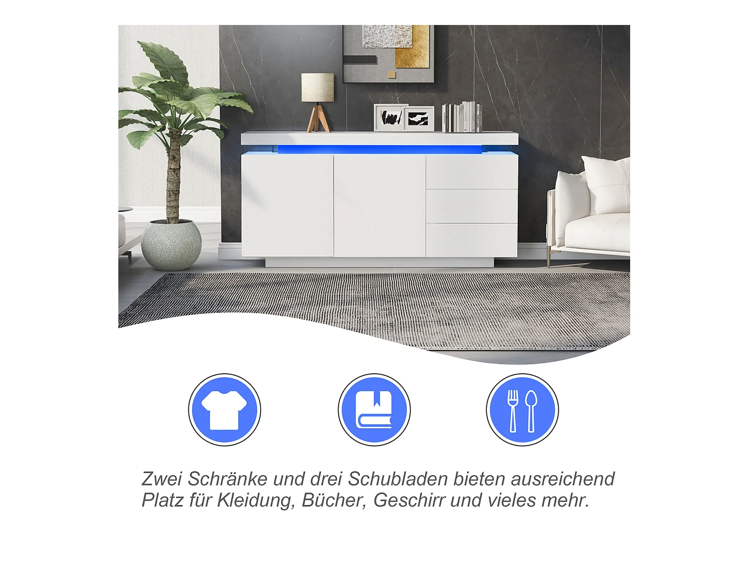 Buffet moderne 140 x 35 x 72,5 cm – 2 portes, 3 tiroirs, finition haute brillance avec LED – Sans poignées, pour salon – Blanc