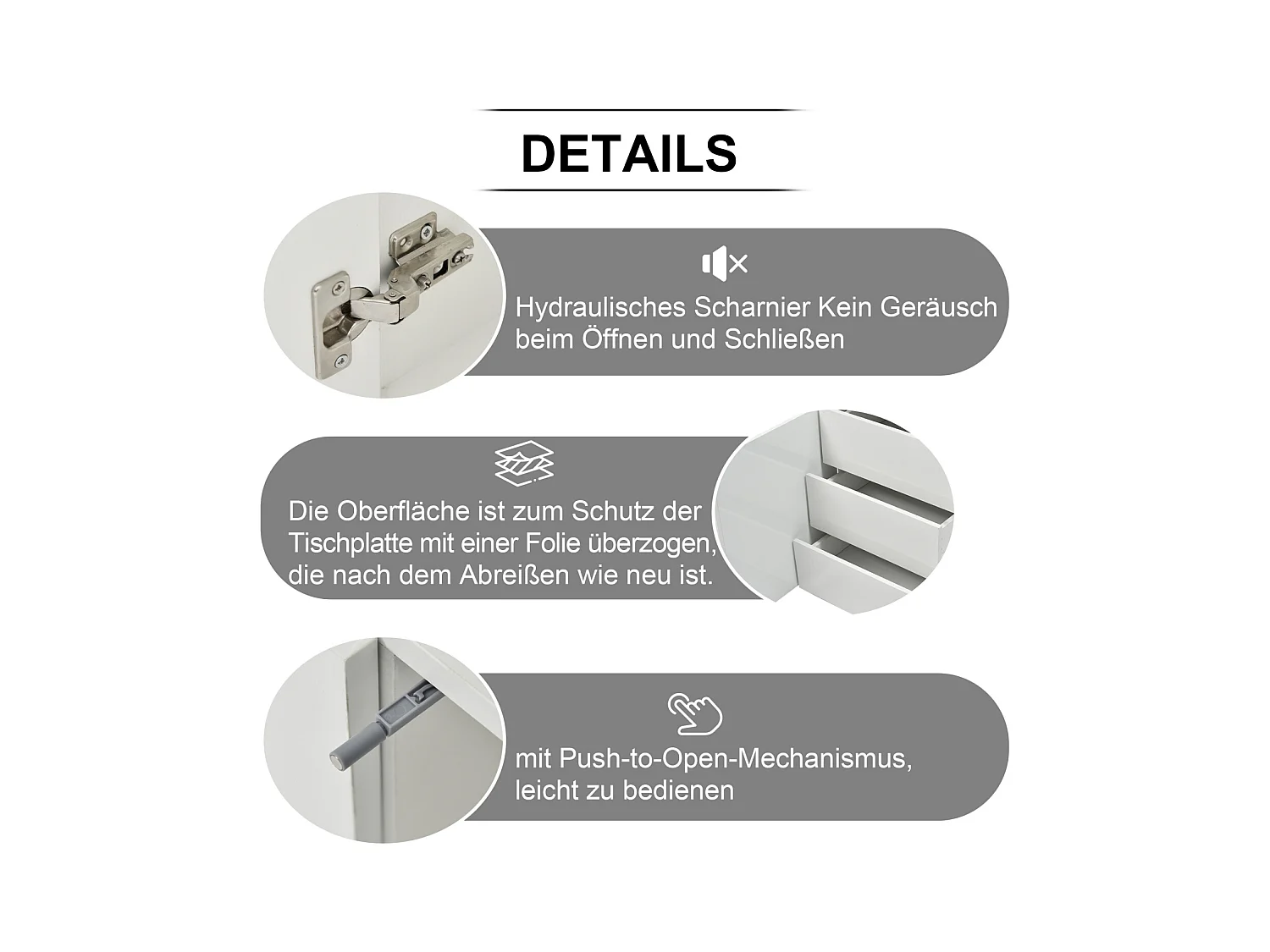 Buffet moderne 140 x 35 x 72,5 cm – 2 portes, 3 tiroirs, finition haute brillance avec LED – Sans poignées, pour salon – Blanc