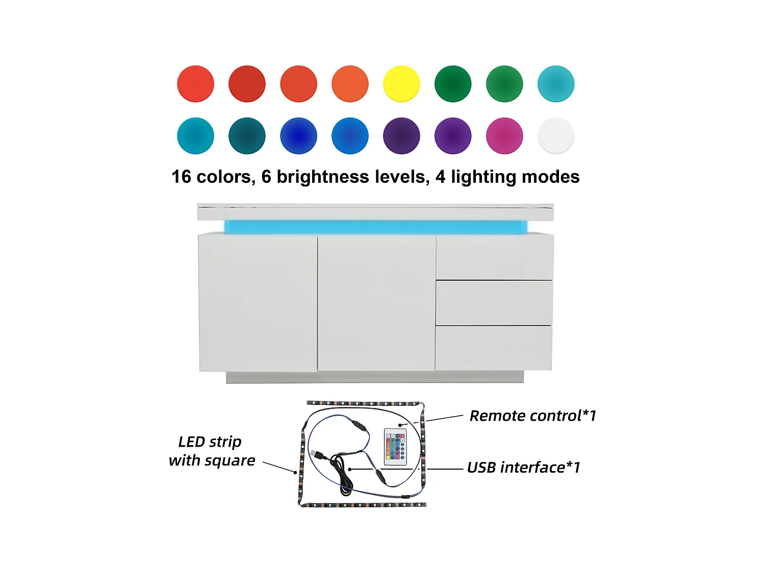 Buffet moderne 140 x 35 x 72,5 cm – 2 portes, 3 tiroirs, finition haute brillance avec LED – Sans poignées, pour salon – Blanc