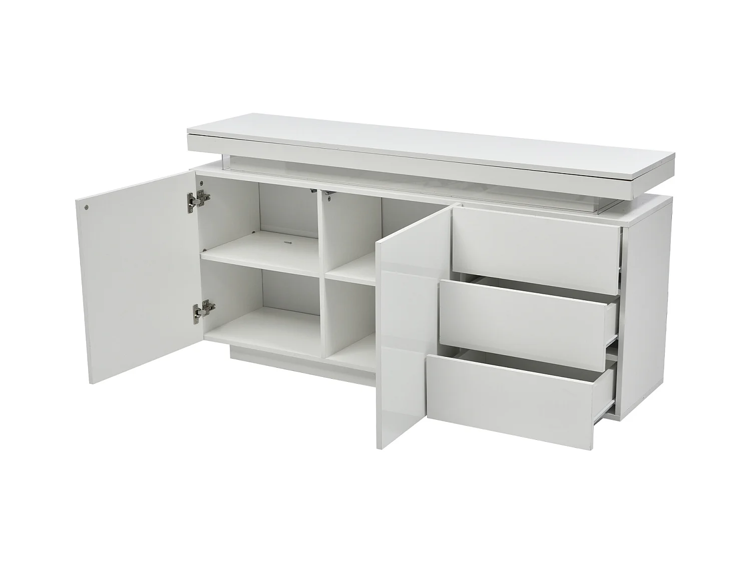 Buffet moderne 140 x 35 x 72,5 cm – 2 portes, 3 tiroirs, finition haute brillance avec LED – Sans poignées, pour salon – Blanc