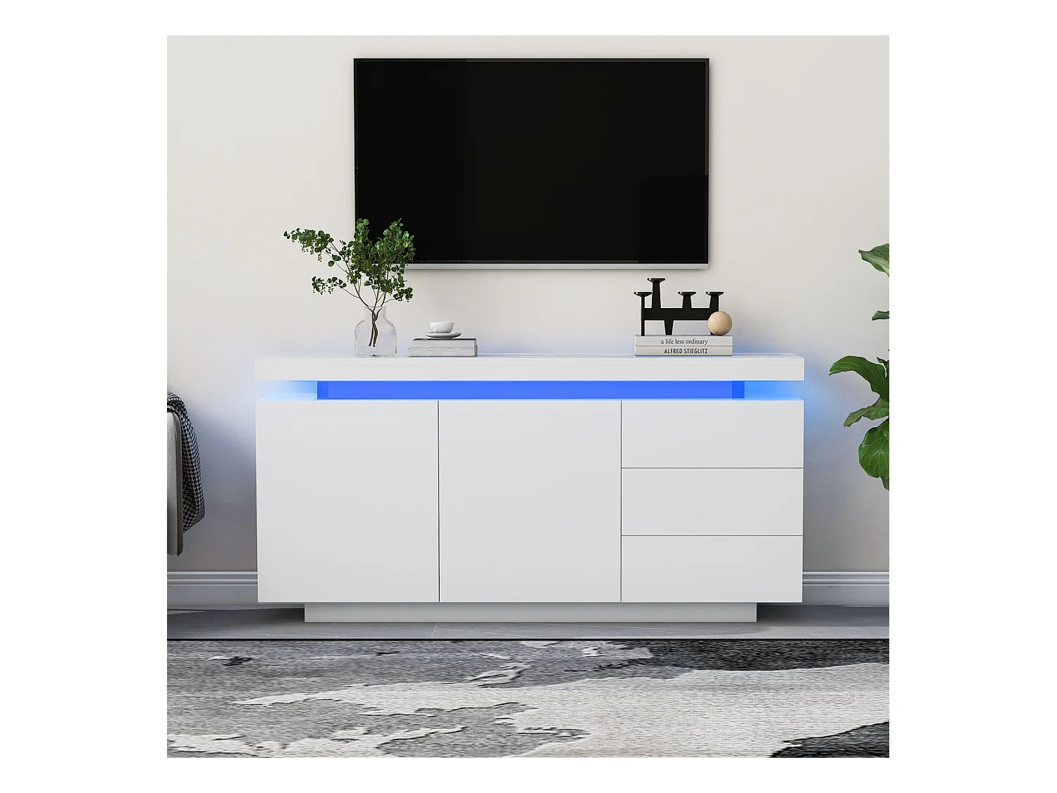 Buffet moderne 140 x 35 x 72,5 cm – 2 portes, 3 tiroirs, finition haute brillance avec LED – Sans poignées, pour salon – Blanc