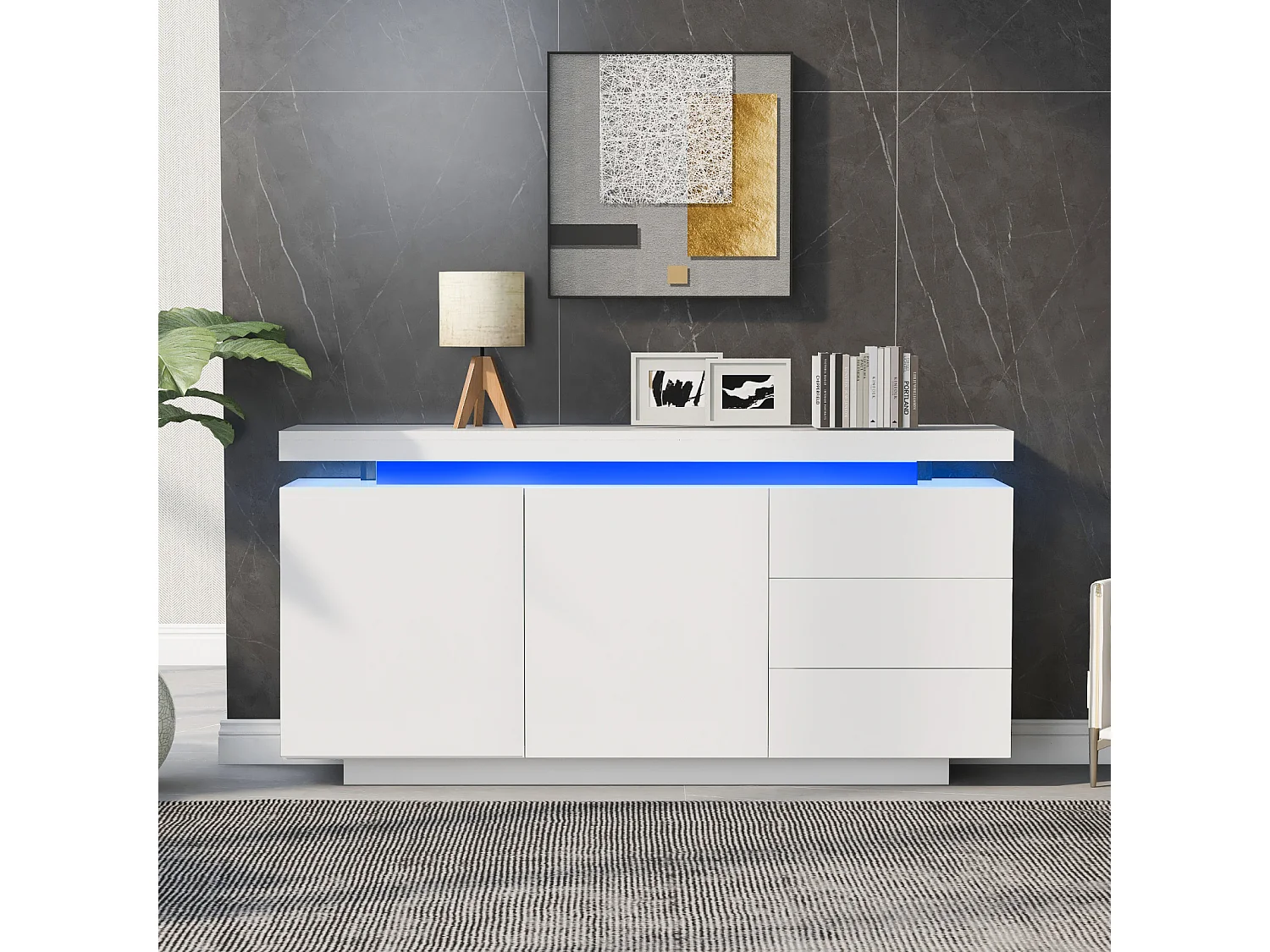 Aparador moderno 140 x 35 x 72,5 cm – 2 puertas, 3 cajones, acabado alto brillo con LED – Sin tiradores, para salón – Blanco