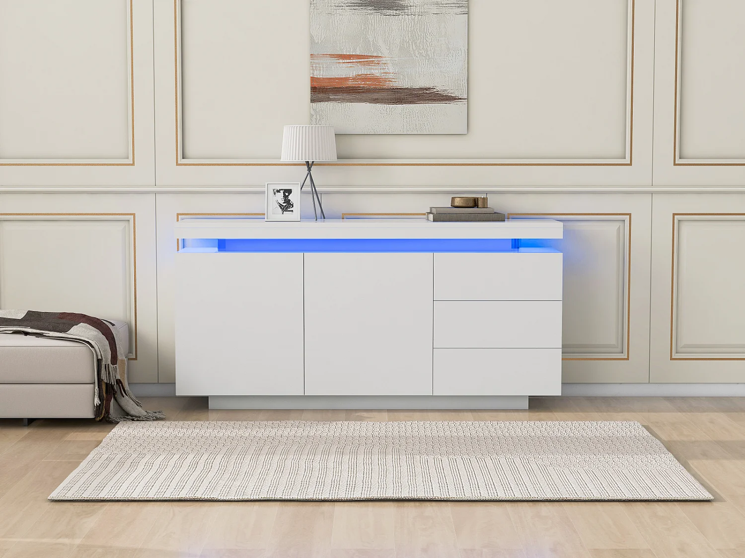 Aparador moderno 140 x 35 x 72,5 cm – 2 puertas, 3 cajones, acabado alto brillo con LED – Sin tiradores, para salón – Blanco