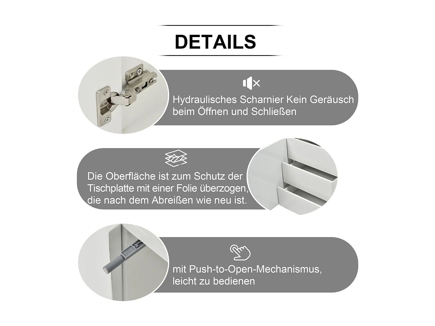 Aparador moderno 140 x 35 x 72,5 cm – 2 puertas, 3 cajones, acabado alto brillo con LED – Sin tiradores, para salón – Blanco