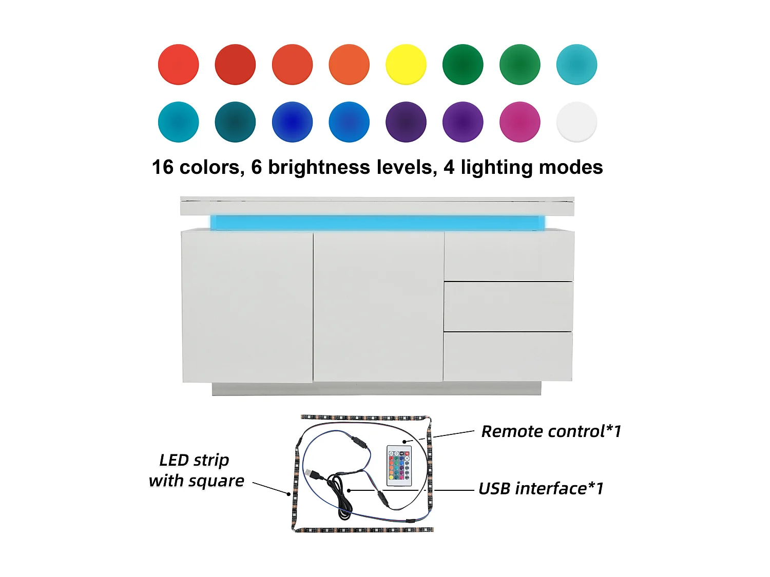 Aparador moderno 140 x 35 x 72,5 cm – 2 puertas, 3 cajones, acabado alto brillo con LED – Sin tiradores, para salón – Blanco
