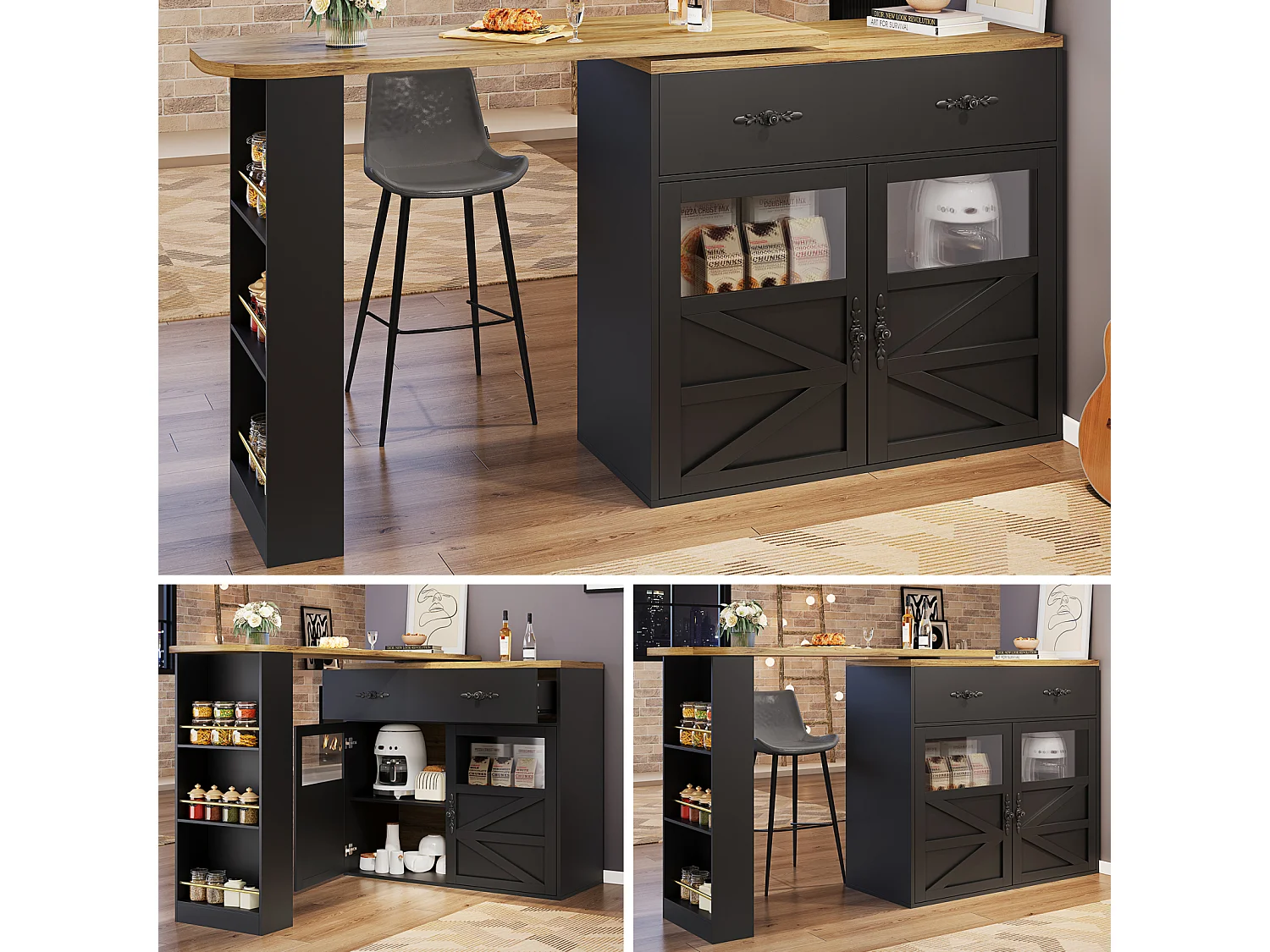 Mesa de bar extensible con espacio de almacenamiento, rotación de 360°, mesa alta móvil moderna con estantes, muebles de cocina, color negro