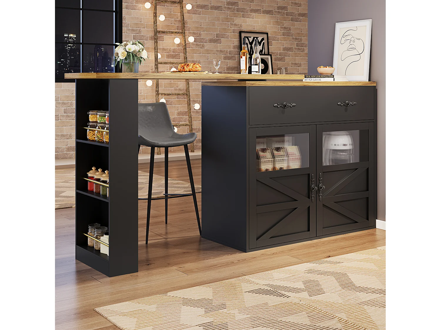 Mesa de bar extensible con espacio de almacenamiento, rotación de 360°, mesa alta móvil moderna con estantes, muebles de cocina, color negro