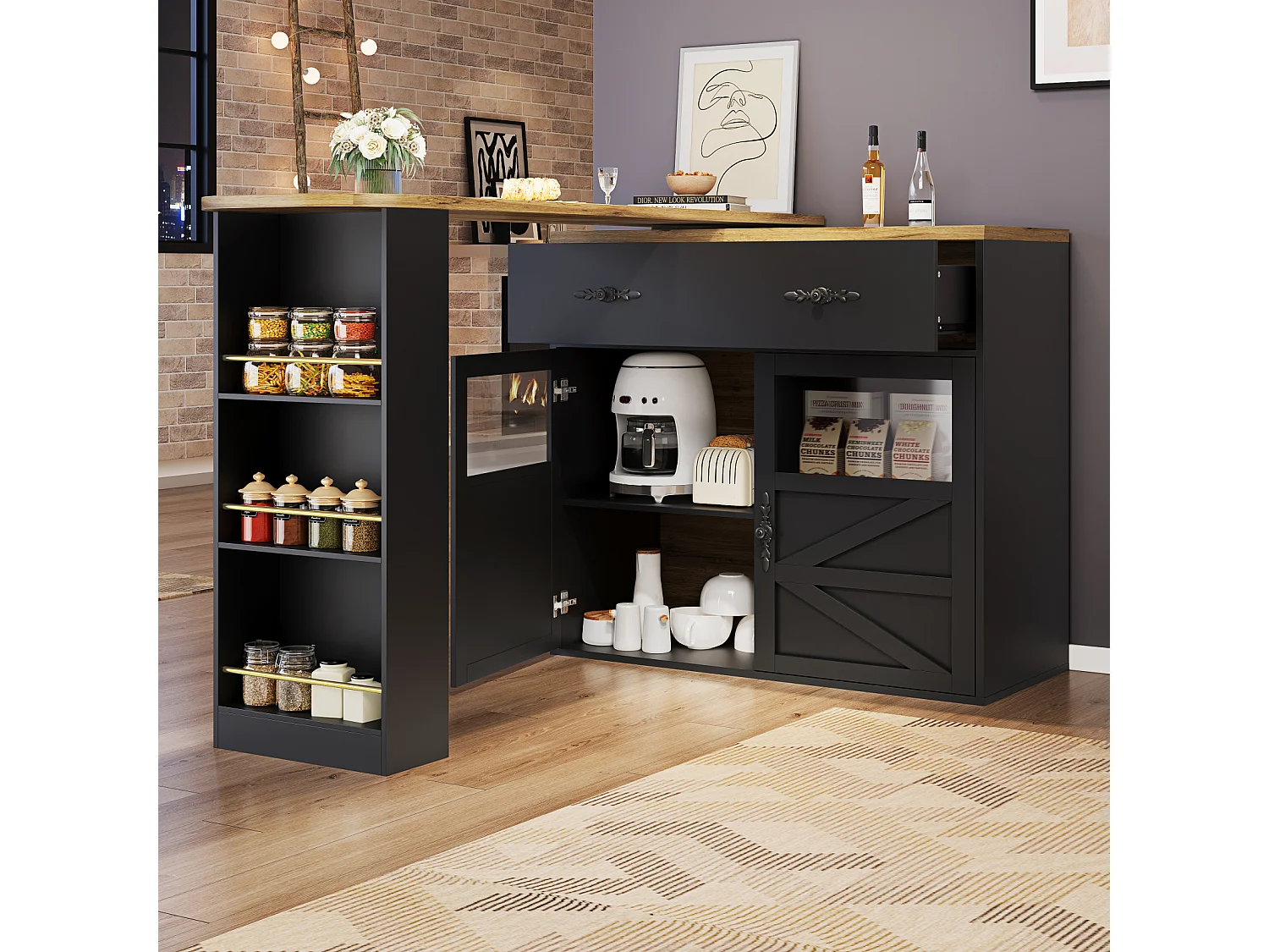 Mesa de bar extensible con espacio de almacenamiento, rotación de 360°, mesa alta móvil moderna con estantes, muebles de cocina, color negro